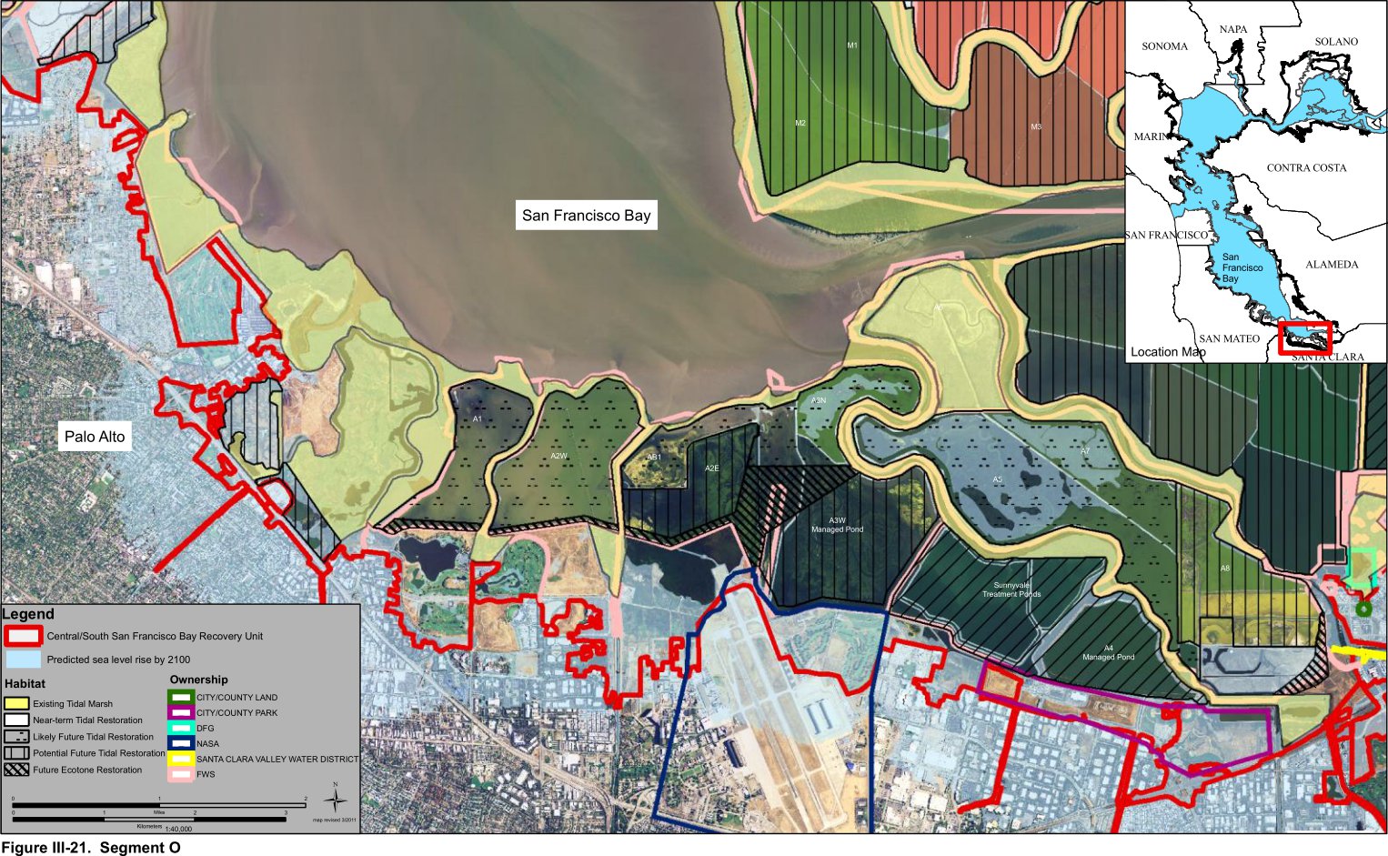 Segment O of the restoration map showing endangered species habitat along the southern part of San Francisco Bay along with land ownership distribution and predicted sea level rise by year 2100